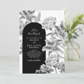 Faire-part de mariage à arche floral noir et blanc (Debout devant)