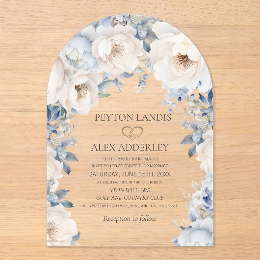 Faire-part de mariage à arche florale bleu poussié (Recto)