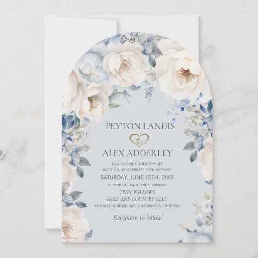 Faire-part de mariage à arche florale bleu poussié (Devant)