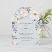 Faire-part de mariage à arche florale bleu poussié (Debout devant)