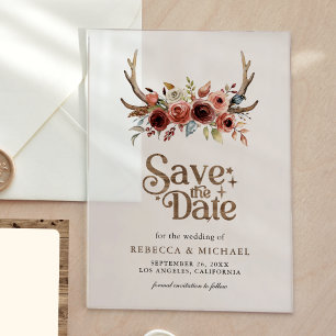 Faire-part de mariage à bois de cerf et fleurs en 