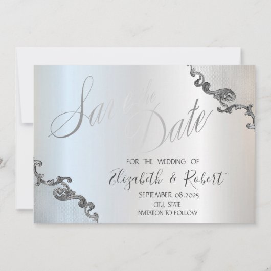Faire-Part de Mariage à Bordure de Dentelle Argent (Devant)