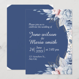 Faire-part de mariage à bordure de fleurs bleues