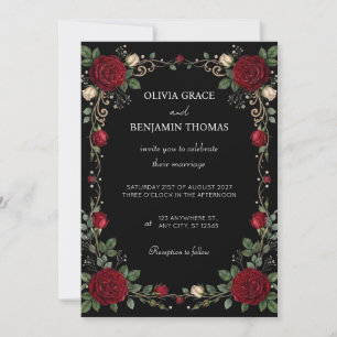 Faire-part de mariage à bordure de rose rouge noir