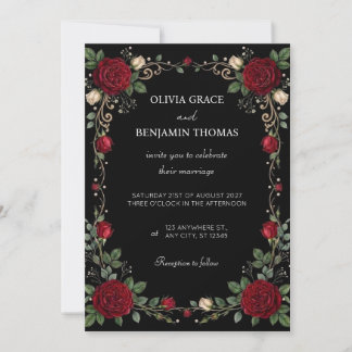 Faire-part de mariage à bordure de rose rouge noir