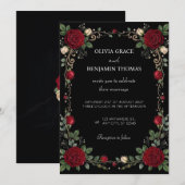 Faire-part de mariage à bordure de rose rouge noir (Devant / Derrière)