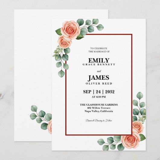 Faire-part de mariage à bordure florale Eucalyptus (Devant / Derrière)