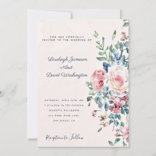 Faire-part de mariage à bordure florale rose et bl (Devant)