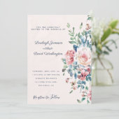 Faire-part de mariage à bordure florale rose et bl (Debout devant)