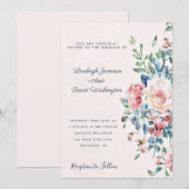 Faire-part de mariage à bordure florale rose et bl (Devant / Derrière)