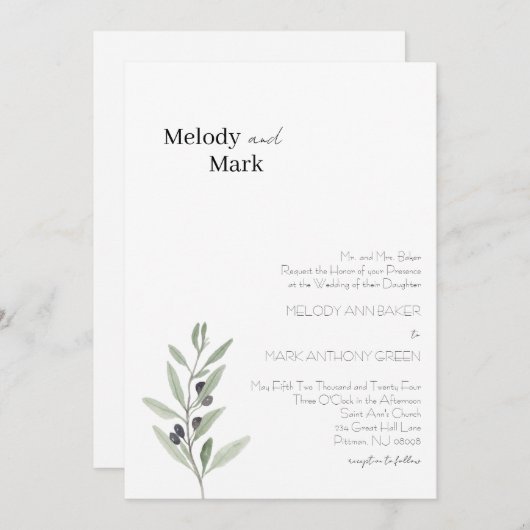 Faire-part de mariage à branches d'olivier classiq (Devant / Derrière)