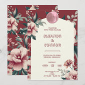 Faire-part de mariage à cadre de fleurs rouges (Devant / Derrière)