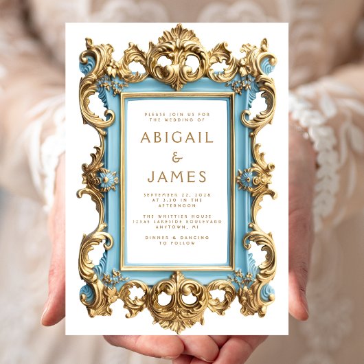 Faire-part de mariage à cadre doré bleu rococo vin