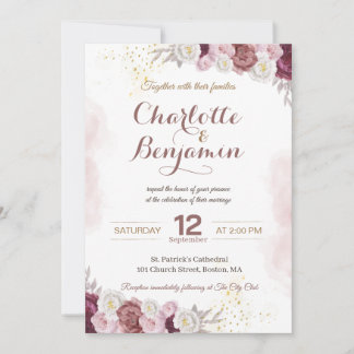 Faire-part de mariage à cadre doré et floral burgu