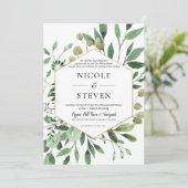 Faire-part de mariage à cadre doré et verdure élég (Debout devant)