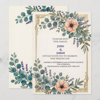 Faire-part de mariage à cadre doré Eucalyptus Lava