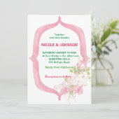 Faire-part de mariage à cadre floral à fleurs rose (Debout devant)