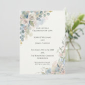 Faire-part de mariage à cadre floral bleu poussiér (Debout devant)