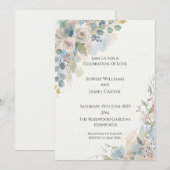 Faire-part de mariage à cadre floral bleu poussiér (Devant / Derrière)