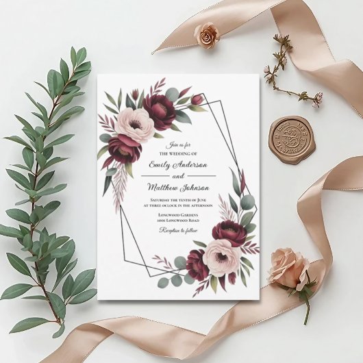 Faire-part de mariage à cadre floral burgundy