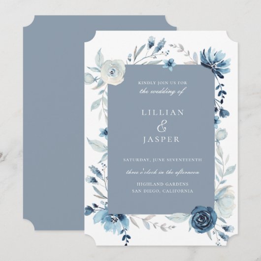 Faire-part de mariage à cadre floral Dusty Blue Na (Devant / Derrière)