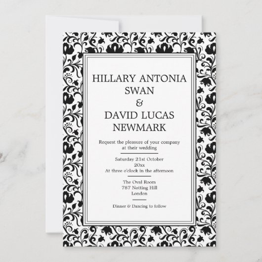 Faire-part de mariage à cadre floral noir et blanc (Devant)