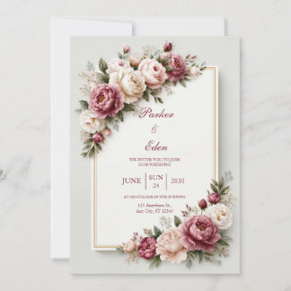 Faire-part de mariage à cadre floral or rose poudr