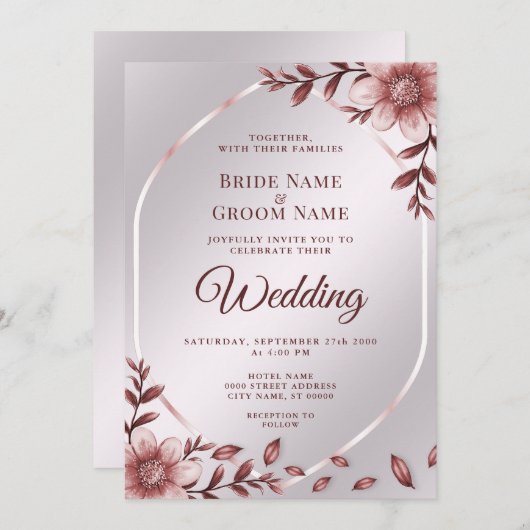 Faire-part de mariage à cadre rose (Devant / Derrière)