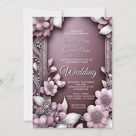 Faire-part de mariage à cadre rose (Devant)