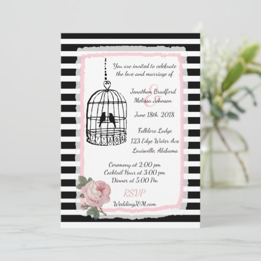 Faire-part de mariage à cage à oiseaux rose noir e (Debout devant)