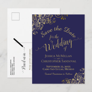 Faire-part de mariage à calligraphie dorée Bleu ma