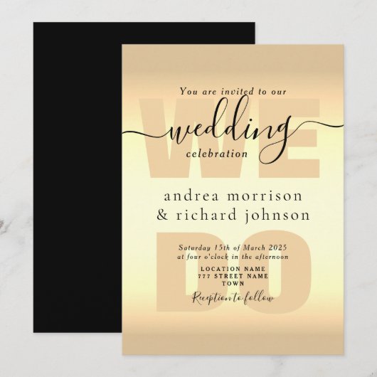 Faire-part de mariage à calligraphie noir et or él (Devant / Derrière)