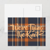 Faire-part de mariage à carreaux bleu foncé et ora (Devant / Derrière)