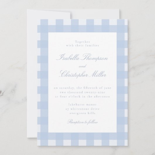 Faire-part de mariage à carreaux bleus (Devant)