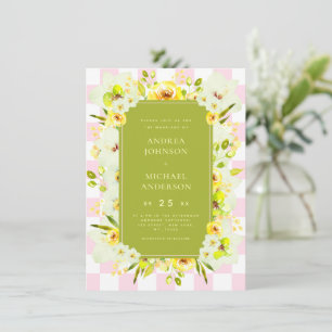 Faire-part de mariage à carreaux floraux jaunes et