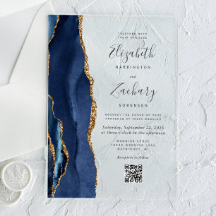 Faire-part de mariage à code QR Agate Or Bleu Mari
