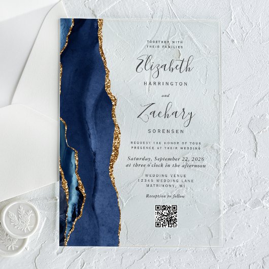 Faire-part de mariage à code QR Agate Or Bleu Mari