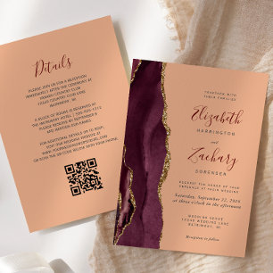 Faire-part de mariage à code QR Agate Or Bourgogne