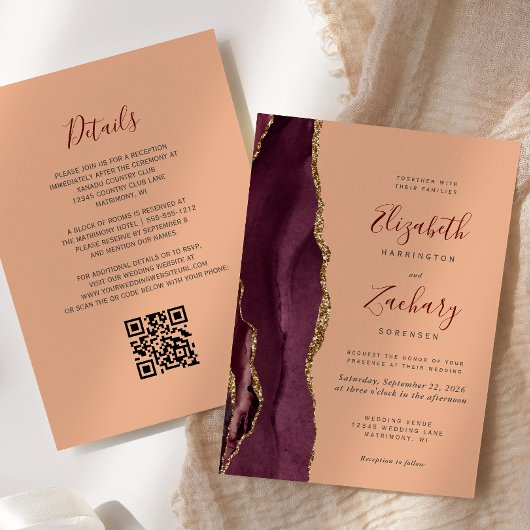 Faire-part de mariage à code QR Agate Or Bourgogne