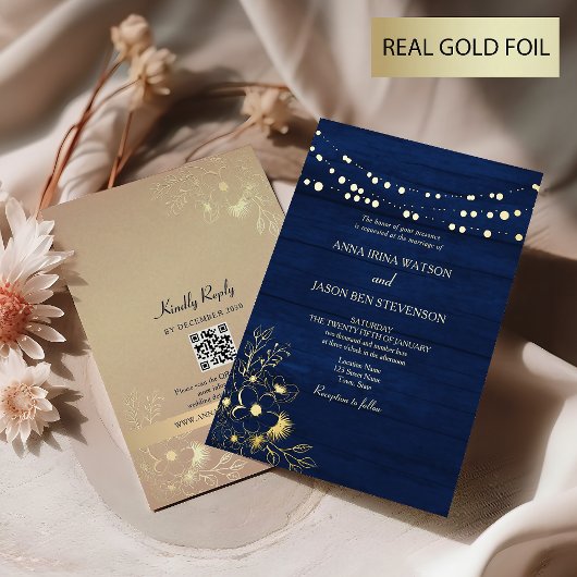 Faire-part de mariage à code QR avec feuille d'or