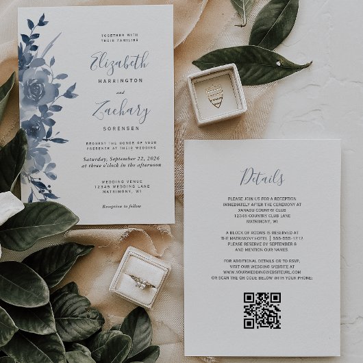 Faire-part de mariage à code QR bleu poussiéreux f
