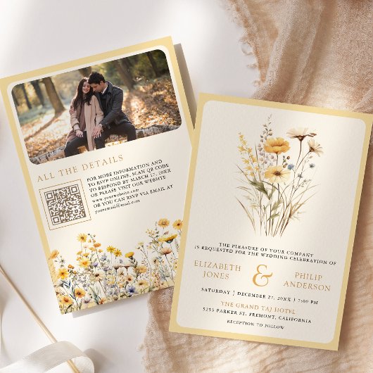 Faire-part de mariage à code QR de fleurs sauvages