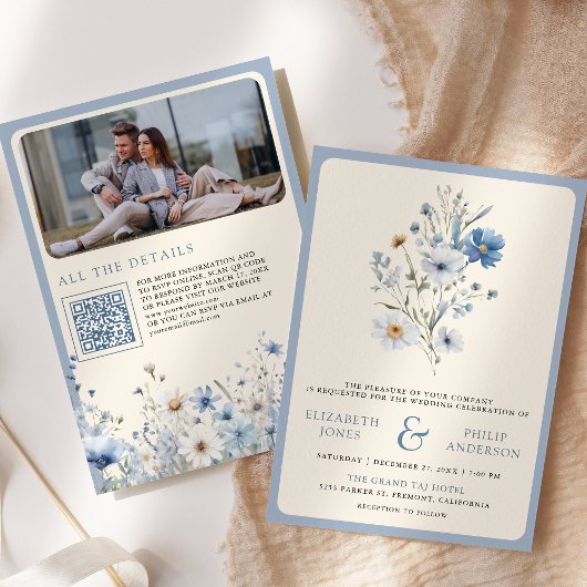 Faire-part de mariage à code QR de fleurs sauvages