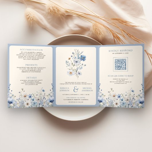 Faire-part de mariage à code QR de fleurs sauvages