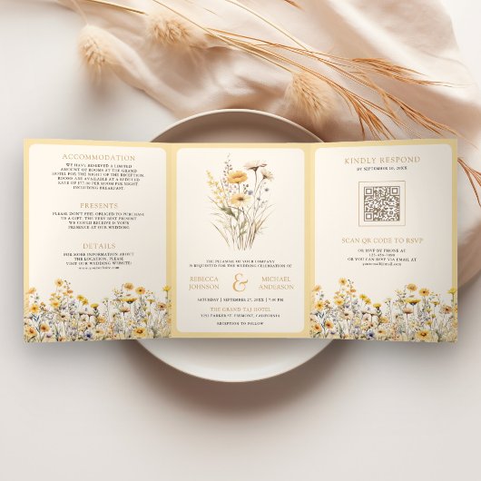 Faire-part de mariage à code QR de fleurs sauvages