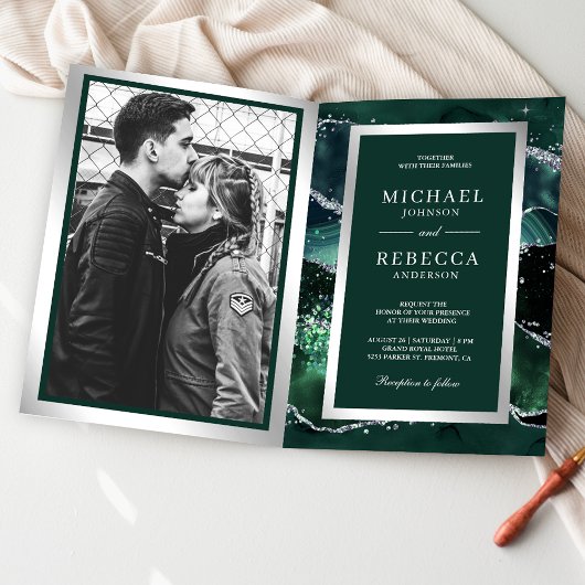 Faire-part de mariage à code QR en marbre vert éme