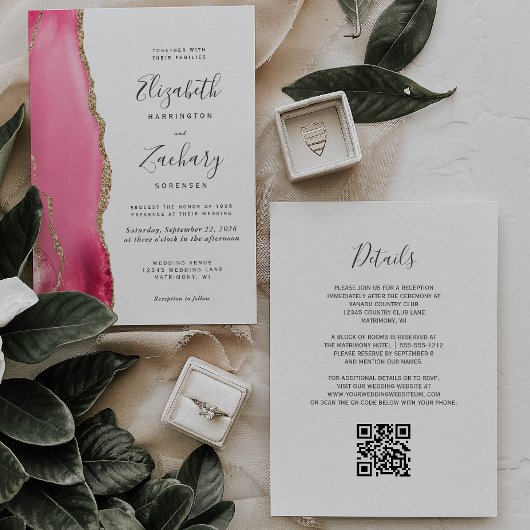 Faire-part de mariage à code QR en or rose et agat