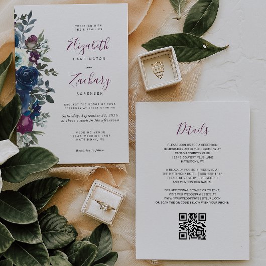 Faire-part de mariage à code QR floral aquarelle p