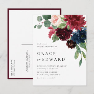 Faire-part de mariage à code QR floral bordeaux et
