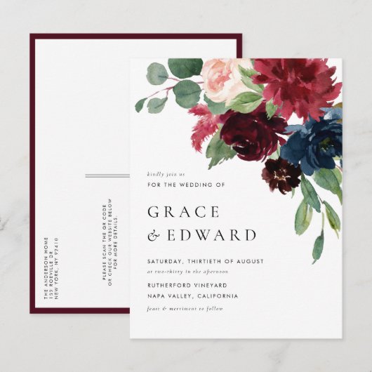 Faire-part de mariage à code QR floral bordeaux et (Devant / Derrière)